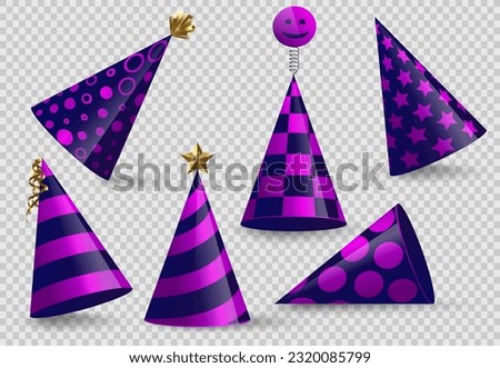 Party cone hat set isolated on transparent background. Birthday festive hat collection in different positions, angles. Vector fun decoration. Blue pink party luxury surprise costume icon