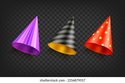 Sombreros de conos de fiesta con diferentes patrones. 3.d objetos vectoriales aislados en fondo transparente
