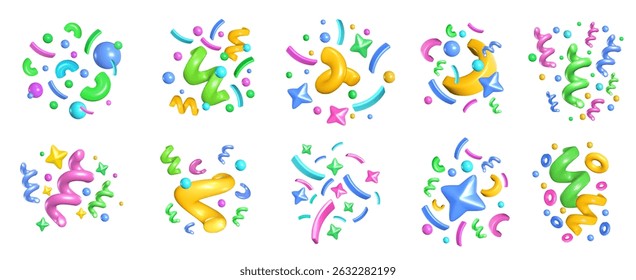 Party confetti. 3D Glossy color cartoon realistic serpentine ribbon, blobs, confetti and stars, spirals for birthday party invitation and gift card. Vector isolated set.