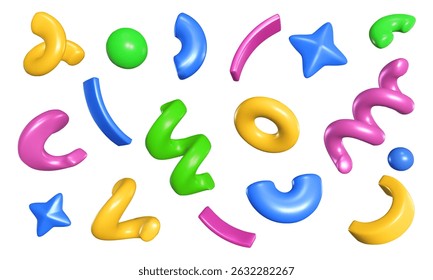 Party confetti 3d shapes. Glossy colorful abstract 3D blobs, confetti and stars, swirls. Modern 3D cartoon realistic render vector isolated set for birthday gift invitation.