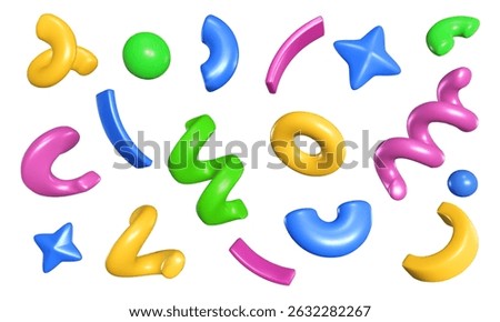 Party confetti 3d shapes. Glossy colorful abstract 3D blobs, confetti and stars, swirls. Modern 3D cartoon realistic render vector isolated set for birthday gift invitation.