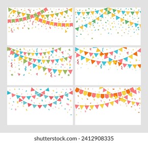 Party confetti and bunting. Cartoon flags and colorful festive decorations. Decorative sprinkles burst, hanging decor and confetti explosion composition. Vector set. Holiday or festival