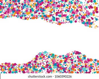 Party confetti circle decoration for banner background, holiday vector illustration. Childish color round confetti dots, circles chaotic scatter, trendy rich bokeh background.