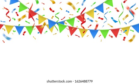 Party confetti and color flags. Celebration decorative paper streamers, birthday party banner confetti explosion and fiesta festive bunting template isolated vector carnival garland illustration