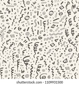 Party Confetti Hand Drawn Doodle Seamless Pattern In Warm Grey Colors. Vector Illustration