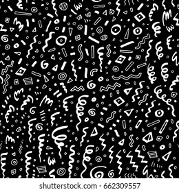 Party Confetti Hand Drawn Doodle Seamless Pattern On Black Background. Vector Illustration