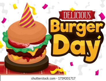 Party with confetti in honor to a delicious hamburger with the classic ingredients: tomatoes, bacon, mayo, lettuce, cheddar cheese and ketchup, decorated with a party hat during Burger Day celebration