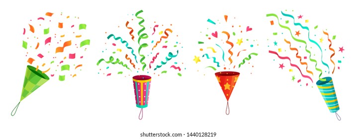 Party confetti popper. Exploding birthday celebration confetti poppers and flying congratulations ribbons. Anniversary or christmas celebration popping. Cartoon isolated icons vector set