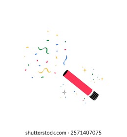 Party Confetti Popper Exploding Colorful Streamers In Flat Vector Illustration Symbolizing Celebration, Party Vibes, And Joy, Isolated On White Background.