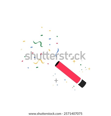 Party Confetti Popper Exploding Colorful Streamers In Flat Vector Illustration Symbolizing Celebration, Party Vibes, And Joy, Isolated On White Background.