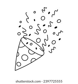 Party confetti popper. Isolated confetti, explosion, firecracker, celebration in doodle style. Vector illustration.