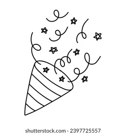Party confetti popper. Isolated confetti, explosion, firecracker, celebration in doodle style. Vector illustration.