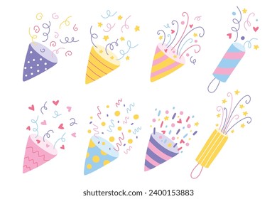 Party Confetti Popper Set. Collection of Isolated confetti, explosion, firecracker, celebration in hand drawn style. Vector illustration.