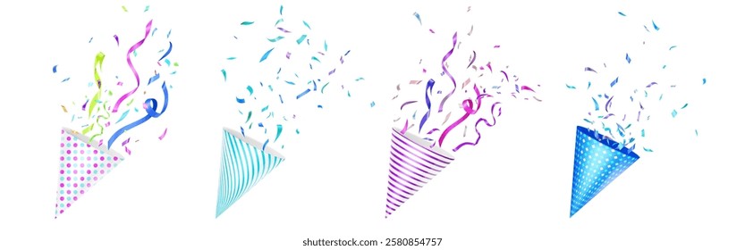 Party confetti poppers set - paper cone containers with bursting ribbons, streamers and dots. Celebration devices releasing colorful decoration elements for birthdays and festivals greeting design.