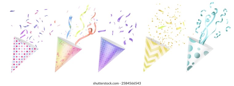 Party confetti poppers set - paper cone containers with bursting ribbons, streamers and dots. Celebration devices releasing colorful decoration elements for birthdays and festivals greeting design.