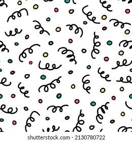 Party confetti seamless pattern. Doodle style hand drawn birthday firework texture. Dots and springs black outline salute happy fun seamless pattern texture. Simple sketchy print wrapping paper design