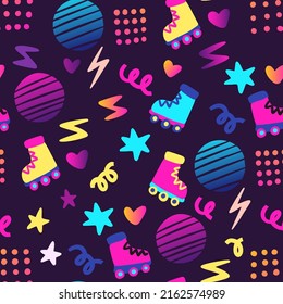 Party cool roller skates 80s styled seamless pattern. Vector.