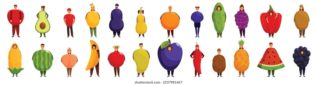 Conjunto de iconos de frutas de disfraces de fiesta. Grupo de personas que visten trajes coloridos de frutas y verduras, promueven hábitos alimentarios saludables y crean conciencia sobre la nutrición