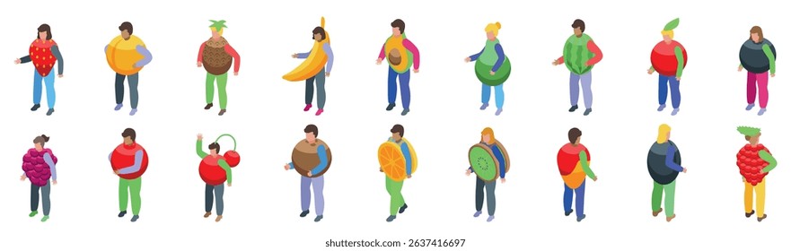 Party costumes fruits icons set. People wearing giant fruit costumes such as watermelon, banana, pineapple, kiwi, orange, apple, strawberry, raspberry, cherry, coconut, avocado