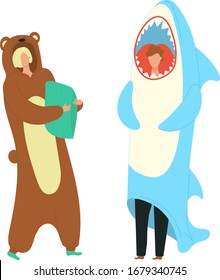 Party costumes people dressed in onesies representing bear and shark characters flat cartoon vector illustration. People wearing jumpsuits or kigurumi onesies isolated on white background.