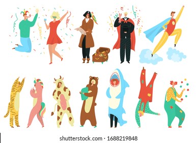 Party costumes people set, happy men and women dressed in carnival costumes for masquerade, holiday celebration isolated on white vector illustration. Costumes of clown, superman, animals, pirate.