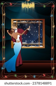 Party. A couple dances in front of a winter window. Holiday. Concept for holiday, winter holidays, New Year, Christmas, creativity and advertising