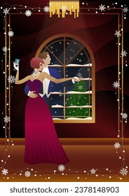 Party. A couple dances in front of a winter window. Holiday. Concept for holiday, winter holidays, New Year, Christmas, creativity and advertising