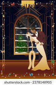 Party. A couple dances in front of a winter window. Holiday. Concept for holiday, winter holidays, New Year, Christmas, creativity and advertising