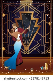 Party. A couple dances in front of a winter window. Holiday. Concept for holiday, winter holidays, New Year, Christmas, creativity and advertising