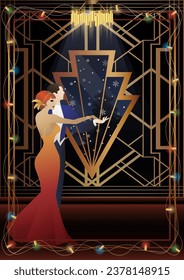 Party. A couple dances in front of a winter window. Holiday. Concept for holiday, winter holidays, New Year, Christmas, creativity and advertising