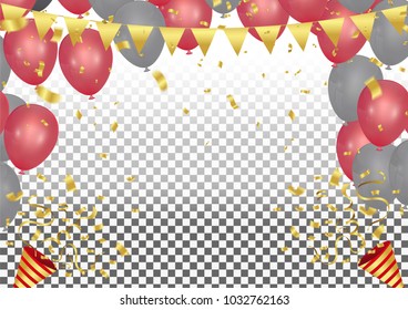 Party cracker with confetti and streamer on baloons in the shape on left and right sight isolated on transparent background. illustration of celebration baloons