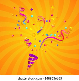 Party cracker with confetti,serpentine sparkles for festive congratulations,celebration new year,birthday,anniversary,greetings,evening parties.Fun exploding template isolated on sunburst background.