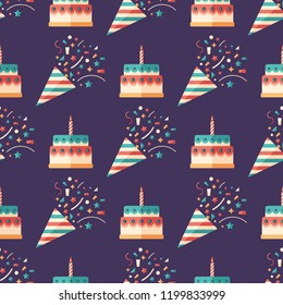 Party crackers and cakes flat art seamless pattern.