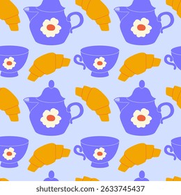 Party with croissant seamless pattern on light background