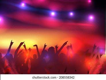 Party Crowd with Disco Spot Lights Background Template - Vector Illustration