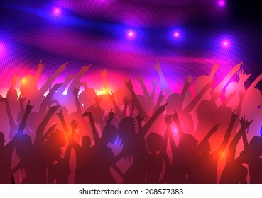 Party Crowd with Disco Spot Lights Background Template - Vector Illustration