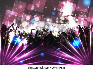 Party Crowd with Disco Spot Lights Background Template - Vector Illustration