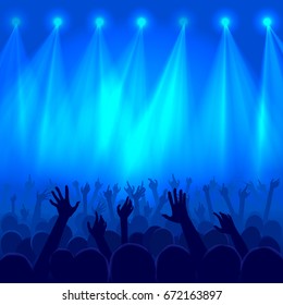 Party crowd raised hands silhouettes at a concert  - concept of a nightclub background, poster template