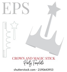 Party crown and magic stick, template. Paper crown and magic stick, vector with die cut, laser cut layers. Self locking party supplies, cut and fold. Party supplies, birthday set template