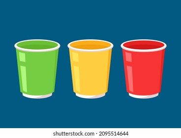 Party cup isolated on blue background, vector illustration. Green, Yellow and Red beer cup vector. Beer pong.