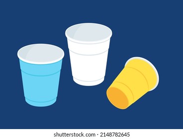 Party cup isolated on blue background, vector illustration. Yellow, White and Blue beer cup vector. Beer pong.