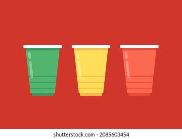 Party cup isolated on red background, vector illustration. Green, Yellow and Red beer cup vector. Beer pong.