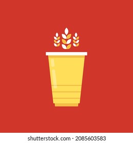 Party cup isolated on red background, vector illustration. Yellow beer cup vector. Wheat icon vector.