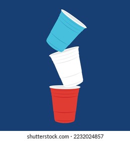 Party cup isolated on red background, vector illustration. Red, White and Blue beer cup vector. Beer pong.