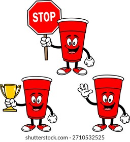 Party Cup Mascot Set 02, ilustração desenhada à mão de Party Cup Mascots em vários poses.