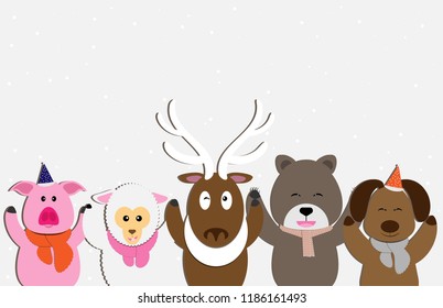 A party with cute winter animals with gifts and scarves. Happy Christmas and Happy New Year.