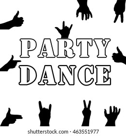 Party dance . Hands silhouette. Upper limb man. Index finger . Black and white style. Retro.