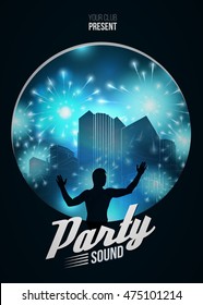 Party Dance Poster Background Template with DJ silhouette on blue urban background - Vector Illustration.