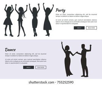 Party and dance posters with colleagues dancing, having fun and having drinks black silhouettes. Vector illustration with coworkers on white background