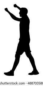 Party dancer boy with hands up in the air, vector silhouette illustration isolated on white. Night life concept. Happy man dancing in night club. Sports fan after sport event celebrate a win.